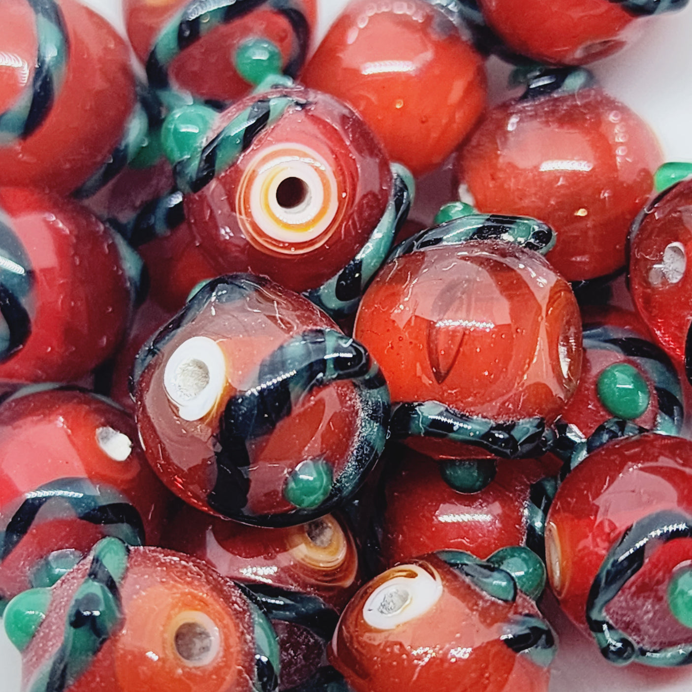Candy Cane Bead (10) - Opaque Red w. Black, Green & Green - Vintage Handmade Glass Wedding Cake Lampwork Beads