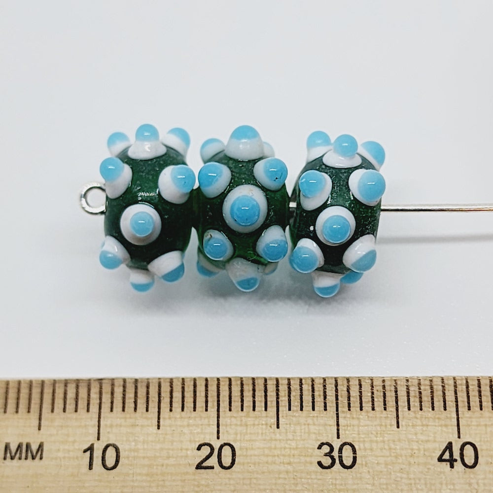 Spike Bead (5) - Green Transparent w. Blue - Vintage Handmade Glass Lampwork Beads