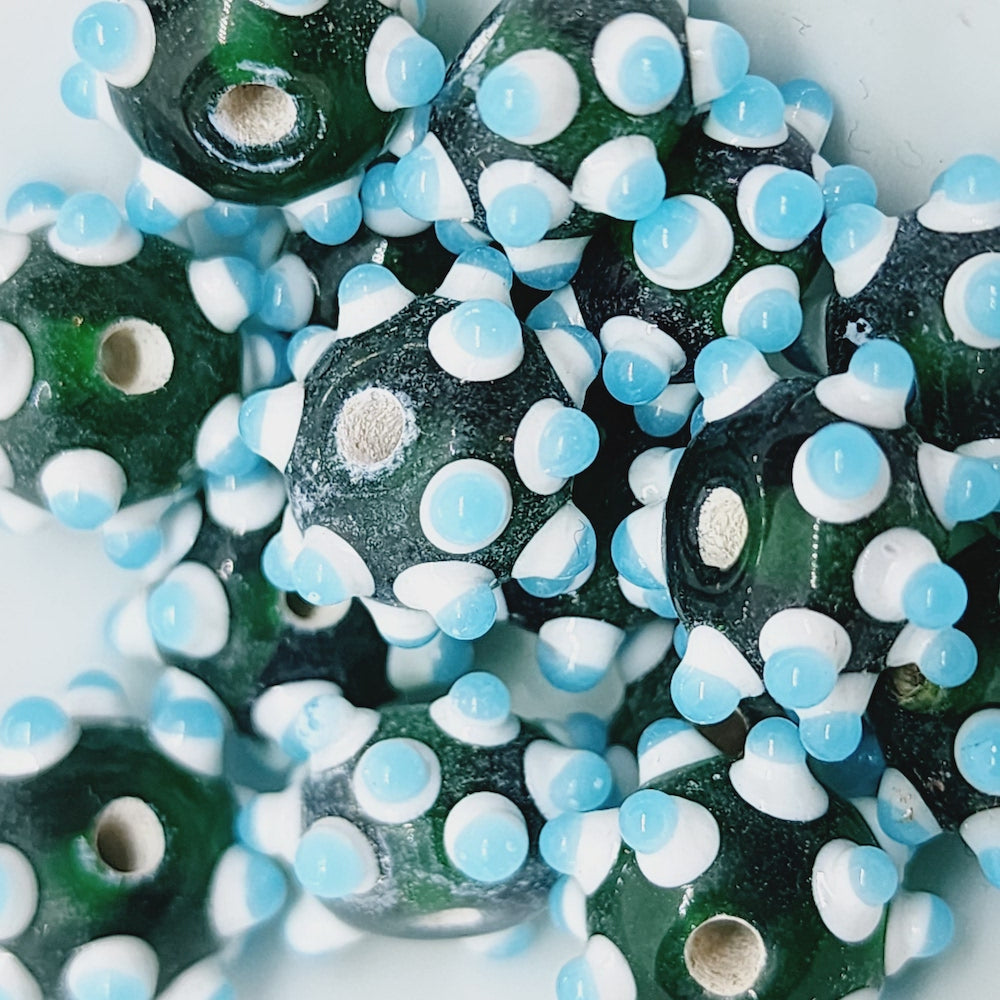 Spike Bead (5) - Green Transparent w. Blue - Vintage Handmade Glass Lampwork Beads