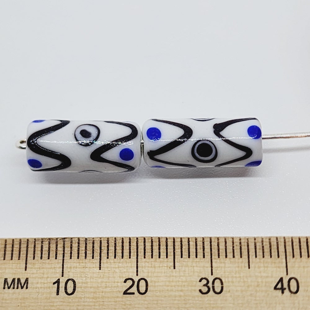 25mm Tube Eye Bead (5) - White Opaque - Vintage Handmade Glass Lampwork Beads