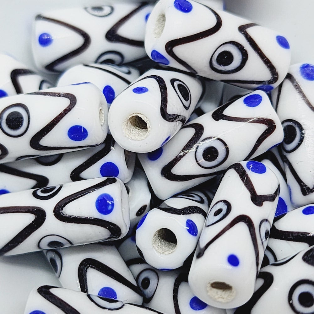 25mm Tube Eye Bead (5) - White Opaque - Vintage Handmade Glass Lampwork Beads