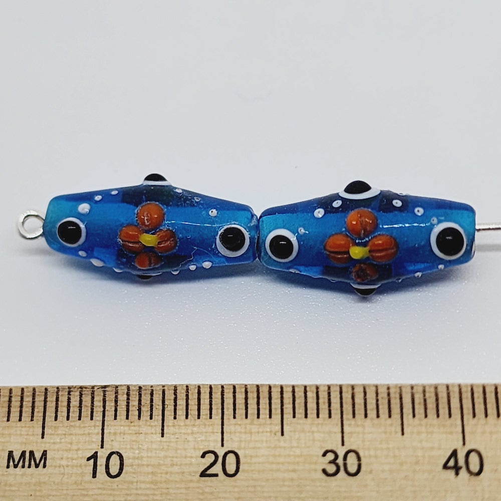 18mm Bicone Eye Bead (5) - Blue Transparent - Vintage Handmade Glass Lampwork Beads