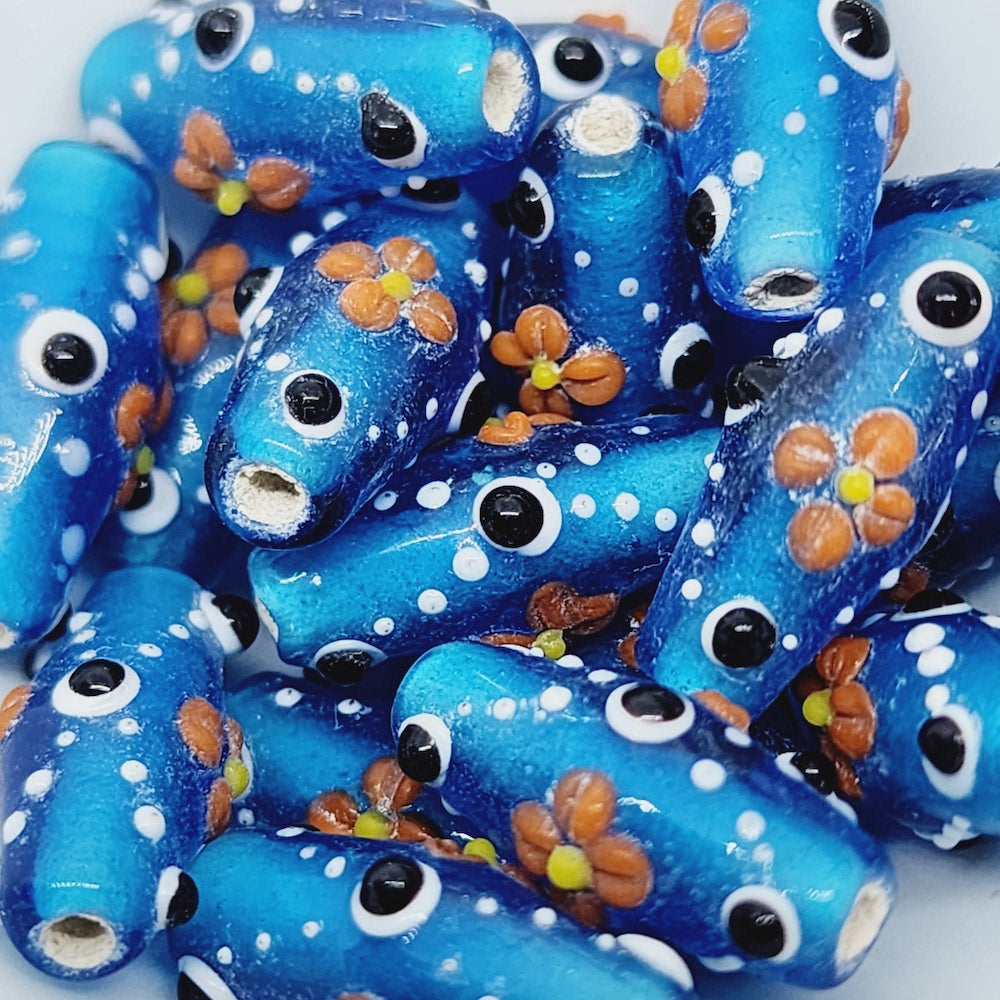 18mm Bicone Eye Bead (5) - Blue Transparent - Vintage Handmade Glass Lampwork Beads