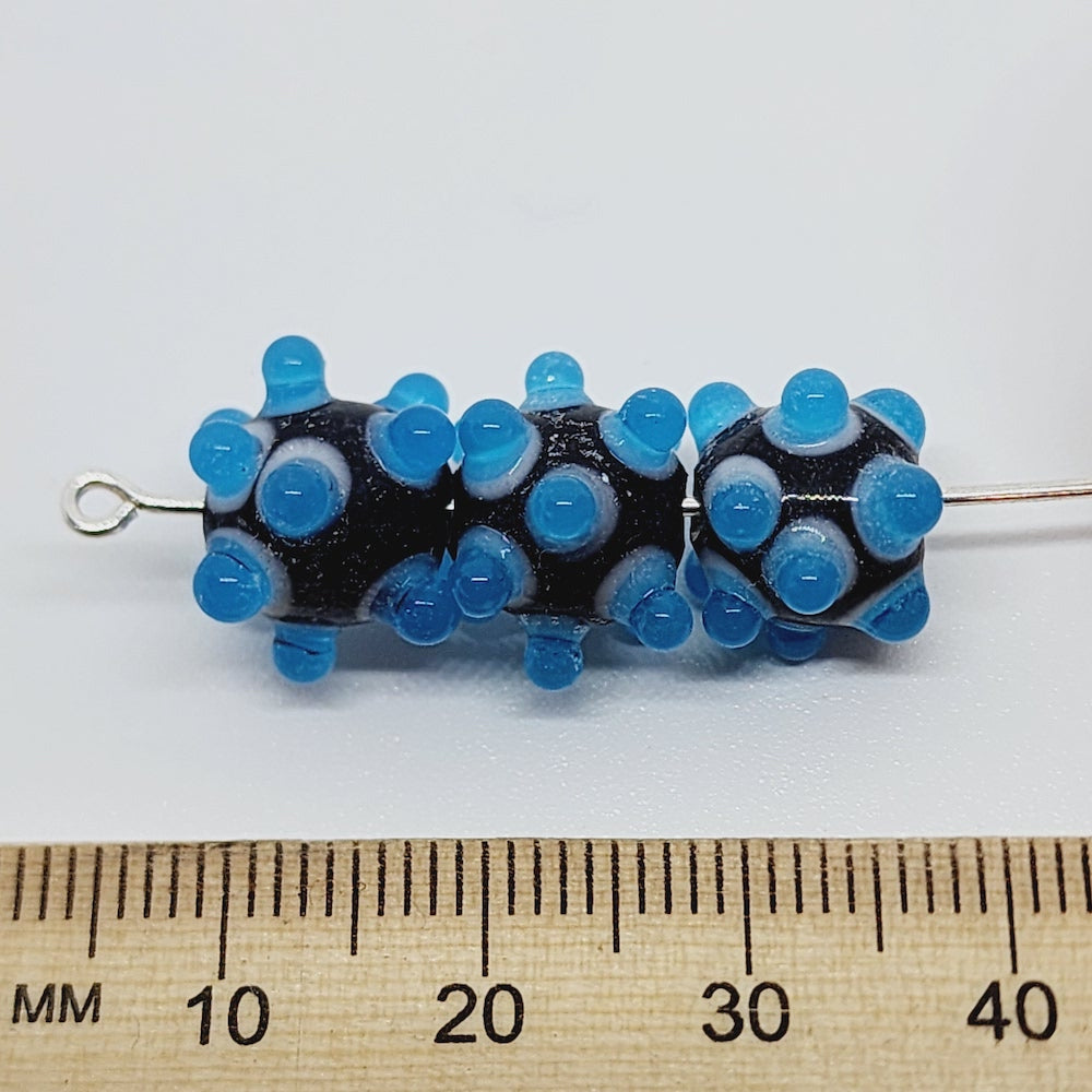 Spike Bead (5) - Black Opaque w. White & Light Blue - Vintage Handmade Glass Lampwork Beads