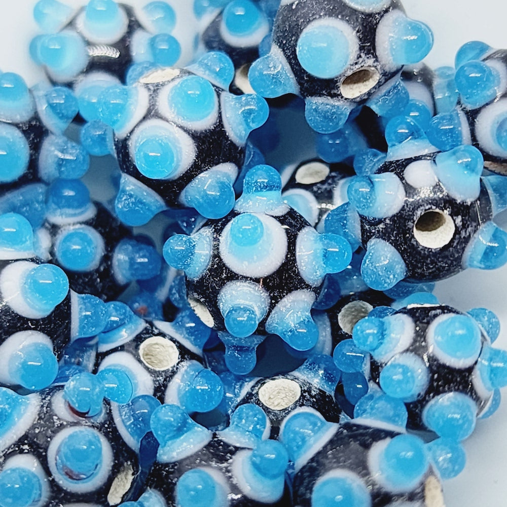 Spike Bead (5) - Black Opaque w. White & Light Blue - Vintage Handmade Glass Lampwork Beads
