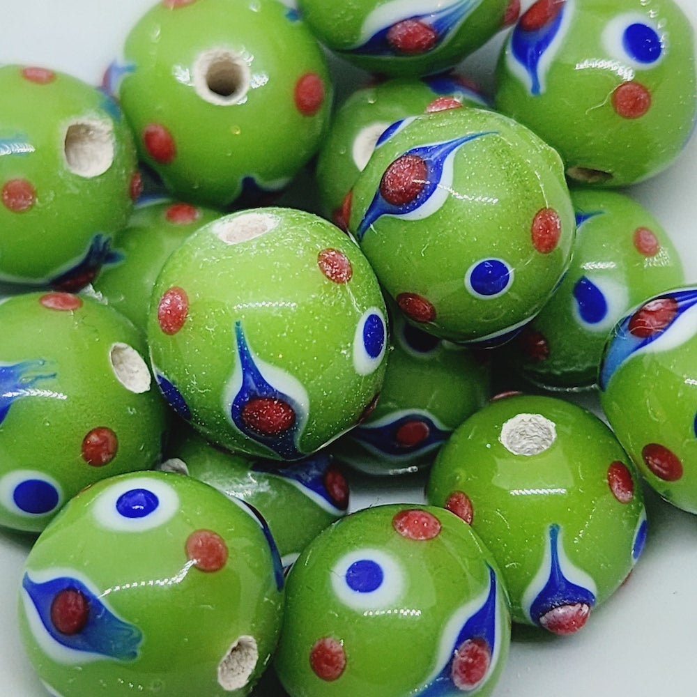 10mm Eye Bead (5) - Pea Green Opaque - Vintage Handmade Glass Lampwork Beads