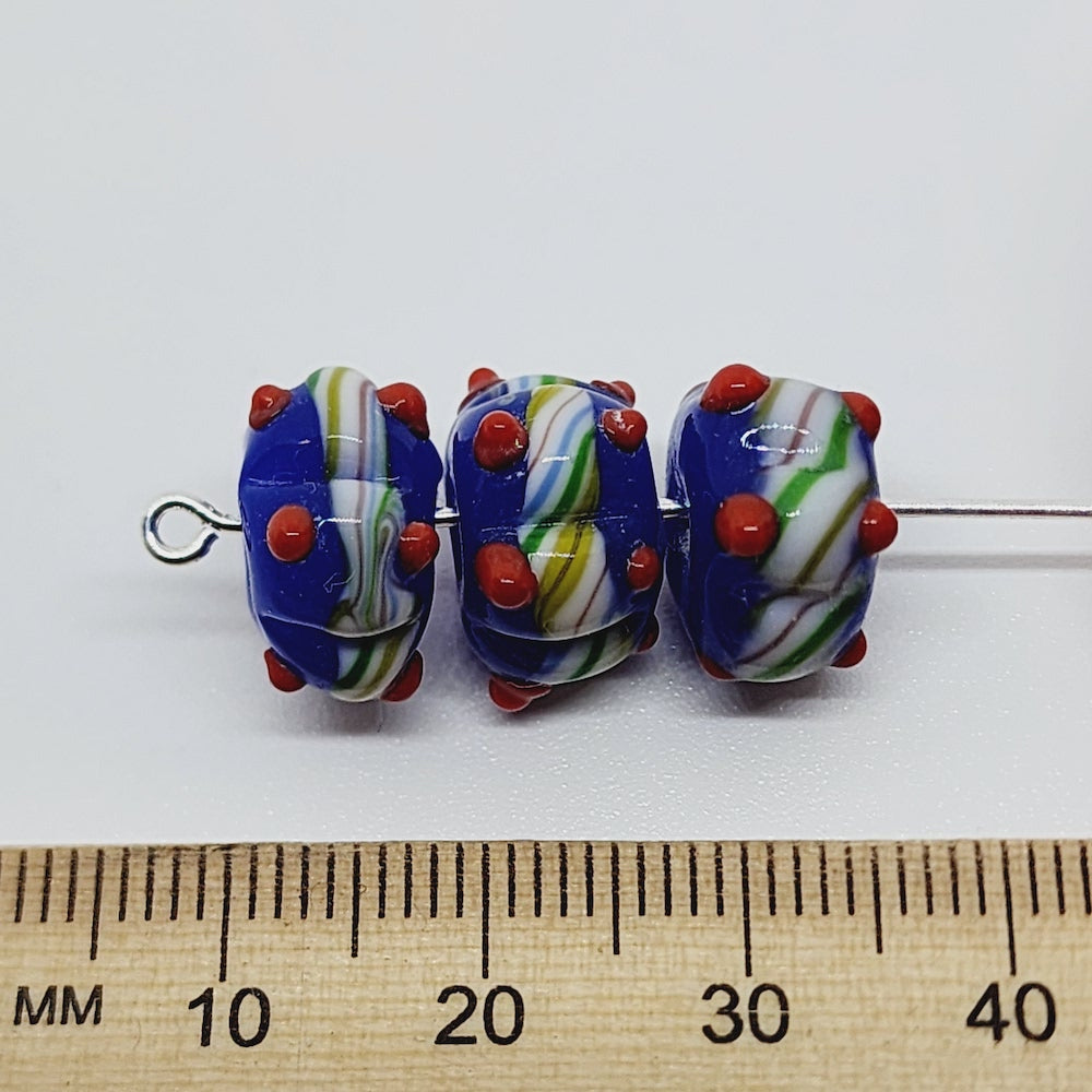 Spike Bead (5) - Dark Blue Opaque w. Red & White - Vintage Handmade Glass Lampwork Beads
