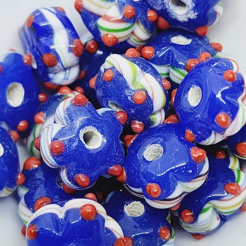 Spike Bead (5) - Dark Blue Opaque w. Red & White - Vintage Handmade Glass Lampwork Beads
