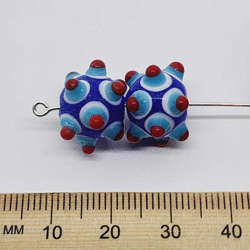 Spike Bead (5) - Blue Opaque w. Red Light Blue & White - Vintage Handmade Glass Lampwork Beads