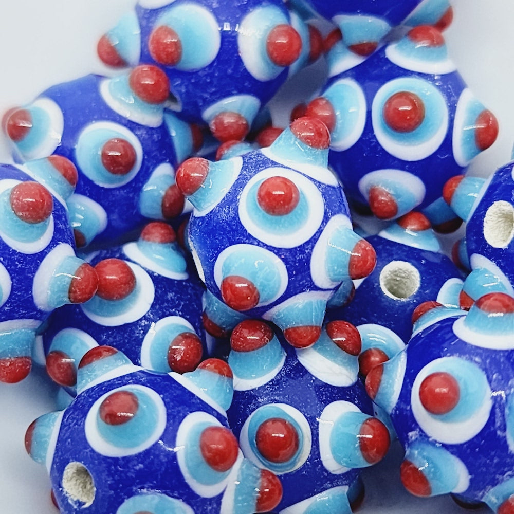 Spike Bead (5) - Blue Opaque w. Red Light Blue & White - Vintage Handmade Glass Lampwork Beads