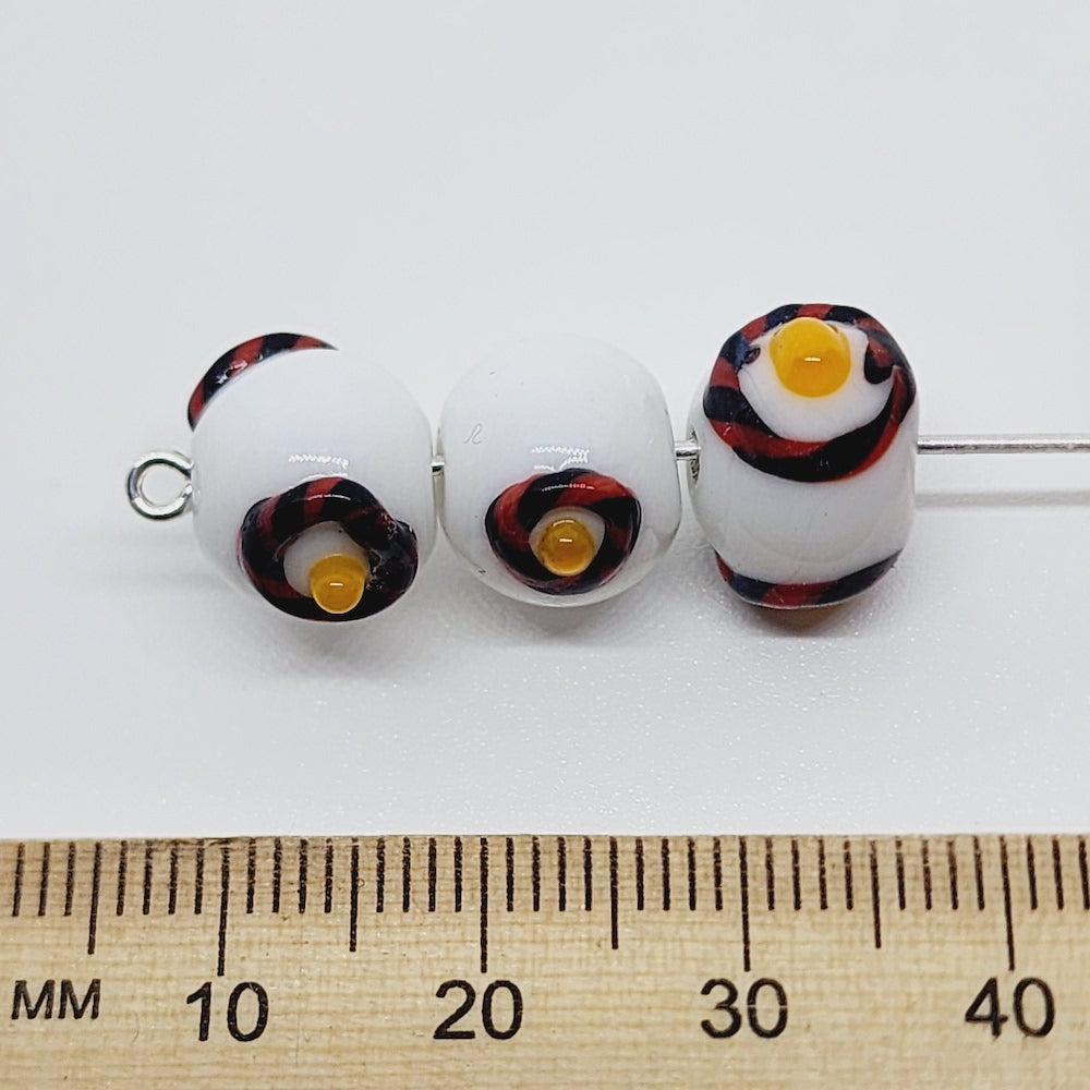 Candy Cane Bead (10) - Opaque White w. Black, Red & Yellow - Vintage Handmade Glass Wedding Cake Lampwork Beads