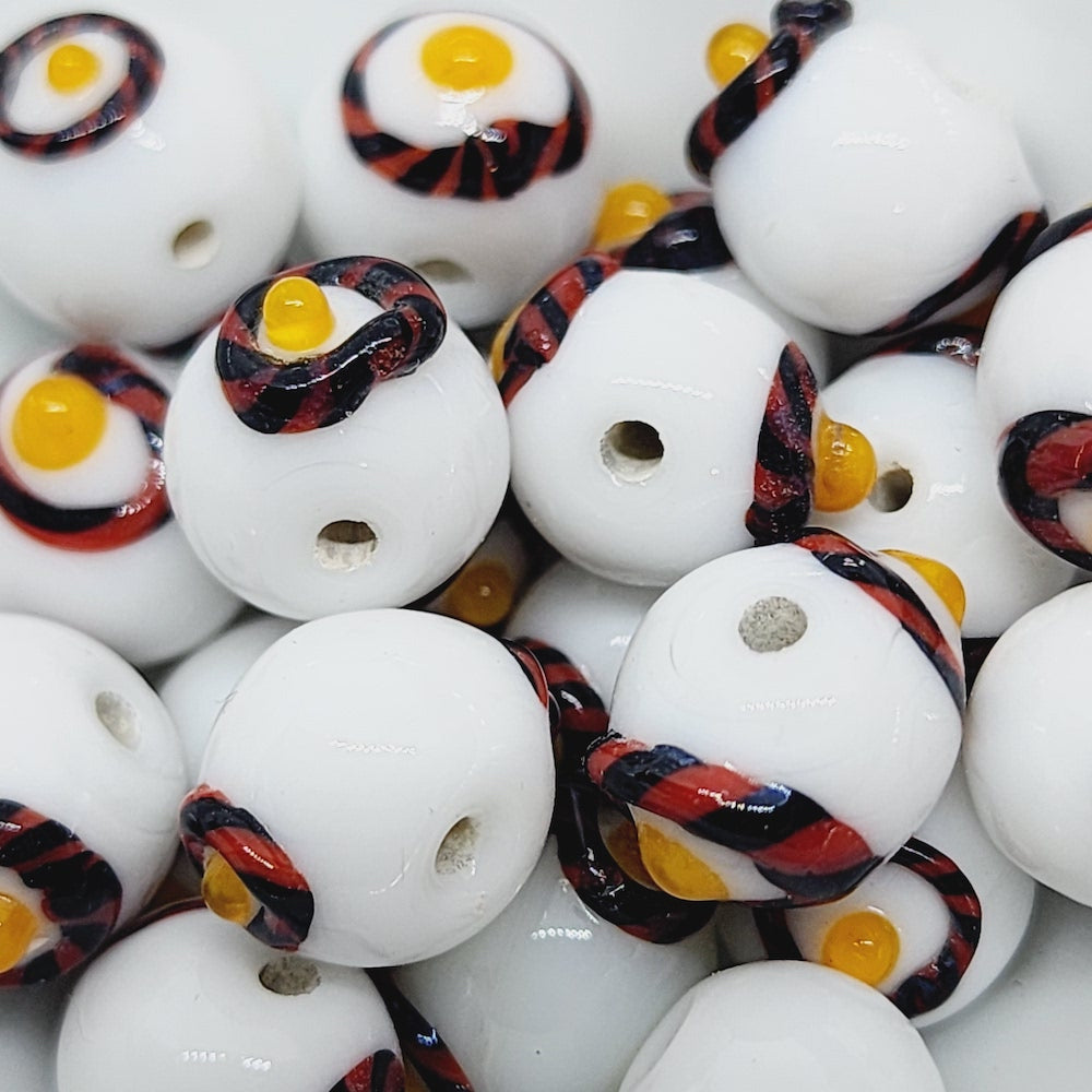 Candy Cane Bead (10) - Opaque White w. Black, Red & Yellow - Vintage Handmade Glass Wedding Cake Lampwork Beads