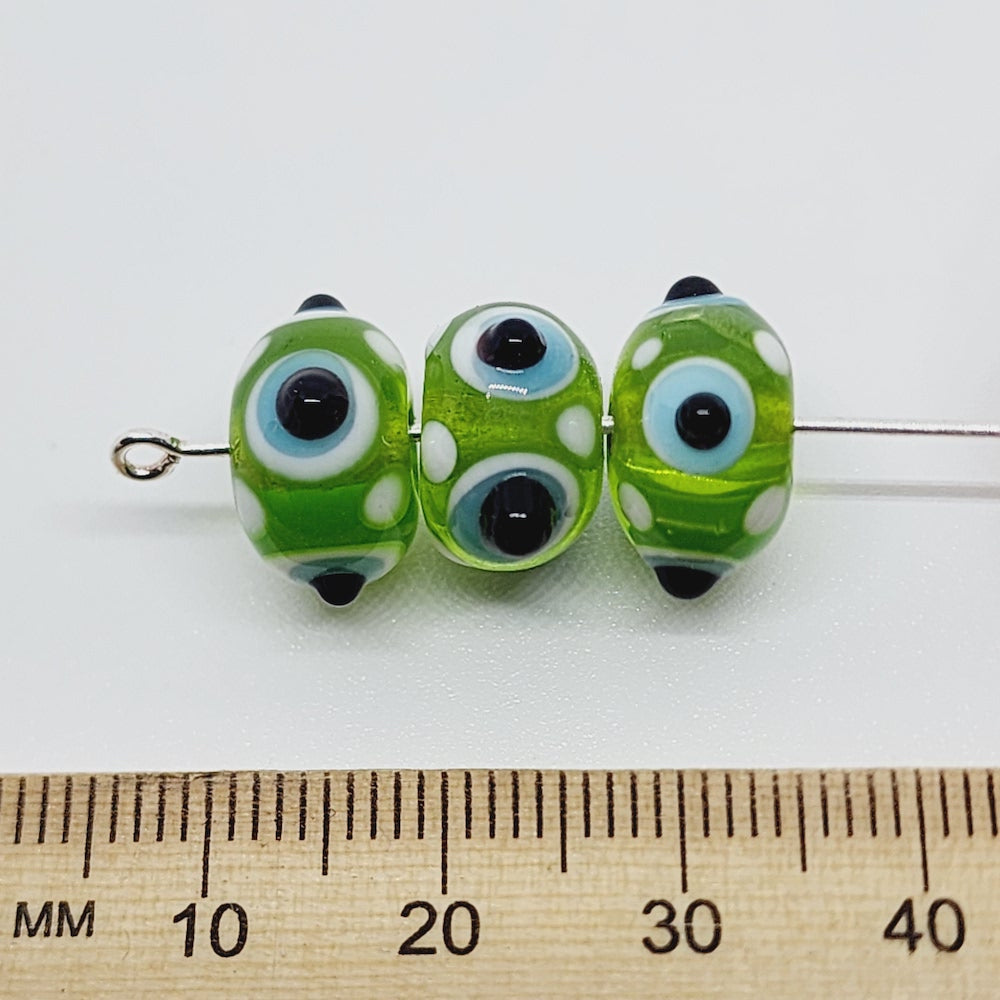 Spike Bead (5) - Green Transparent w. Black White & Light Blue - Vintage Handmade Glass Lampwork Beads