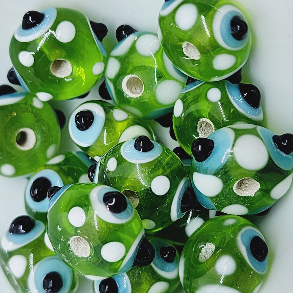 Spike Bead (5) - Green Transparent w. Black White & Light Blue - Vintage Handmade Glass Lampwork Beads