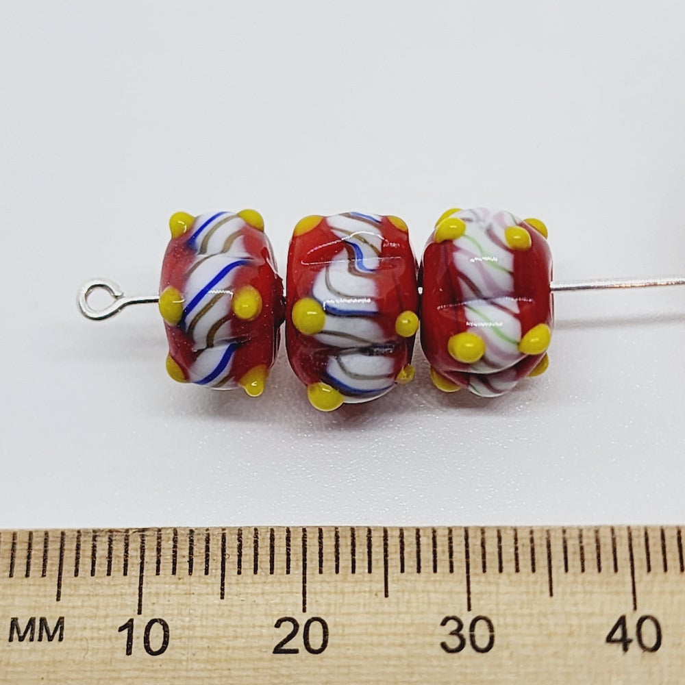 Spike Bead (5) - Red Opaque w. Yellow & White/Blue - Vintage Handmade Glass Lampwork Beads