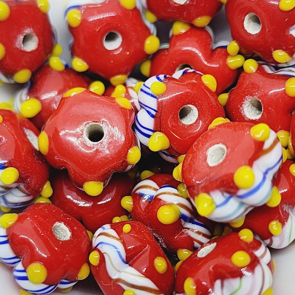 Spike Bead (5) - Red Opaque w. Yellow & White/Blue - Vintage Handmade Glass Lampwork Beads