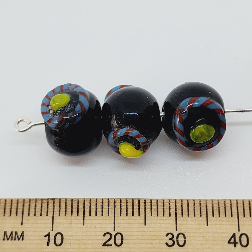 Candy Cane Bead (10) - Opaque Black w. Blue, Red & Yellow - Vintage Handmade Glass Wedding Cake Lampwork Beads