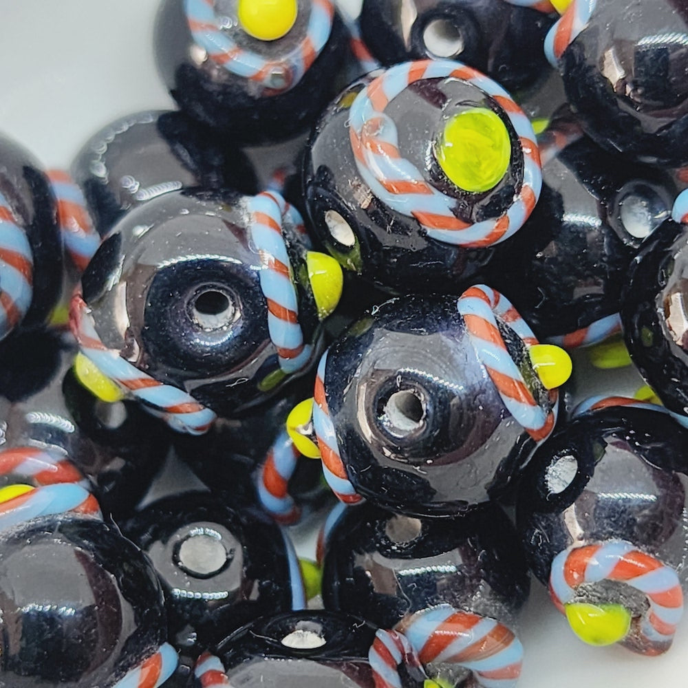 Candy Cane Bead (10) - Opaque Black w. Blue, Red & Yellow - Vintage Handmade Glass Wedding Cake Lampwork Beads