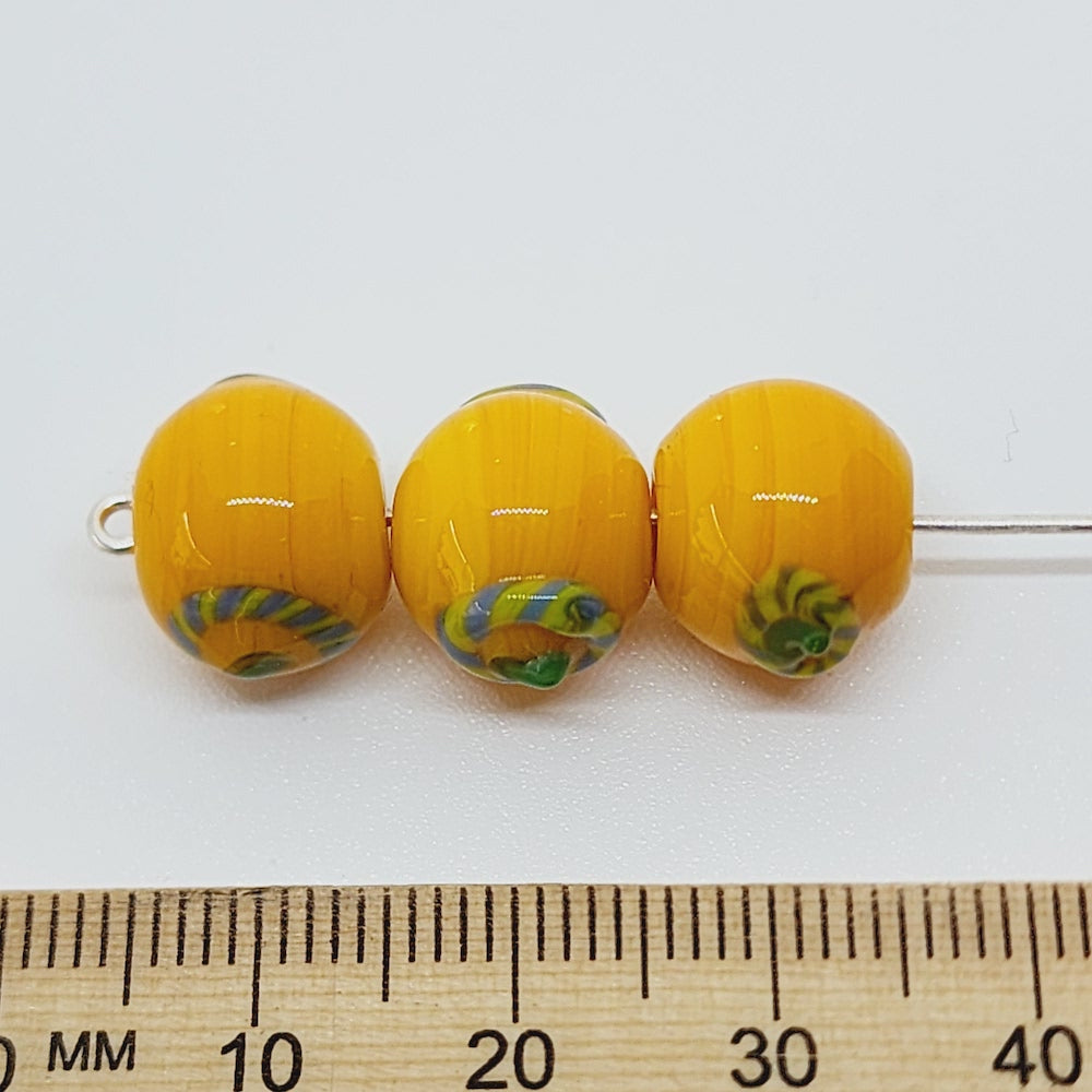 Candy Cane Bead (10) - Opaque Orange w. Green, White & Green - Vintage Handmade Glass Wedding Cake Lampwork Beads