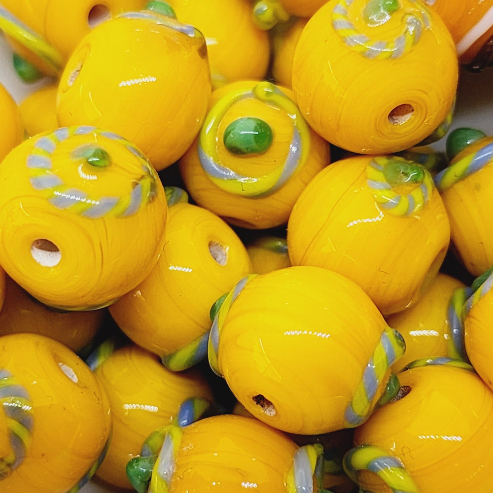 Candy Cane Bead (10) - Opaque Orange w. Green, White & Green - Vintage Handmade Glass Wedding Cake Lampwork Beads