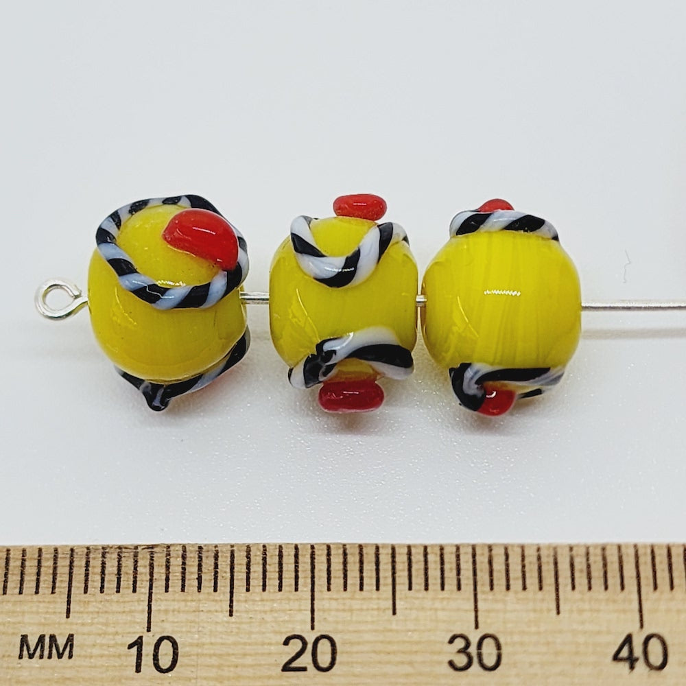 Candy Cane Bead (10) - Opaque Yellow w. Black, White & Red - Vintage Handmade Glass Wedding Cake Lampwork Beads
