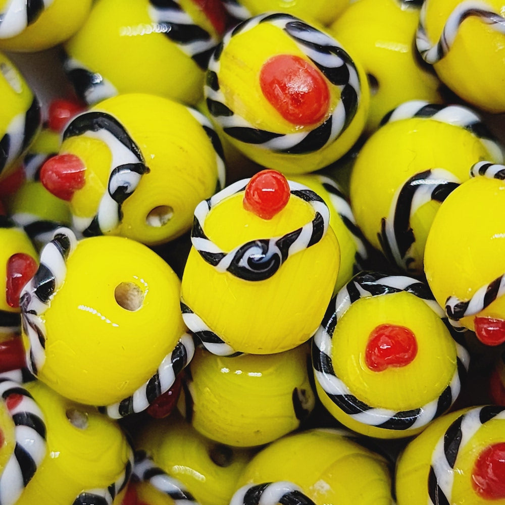 Candy Cane Bead (10) - Opaque Yellow w. Black, White & Red - Vintage Handmade Glass Wedding Cake Lampwork Beads
