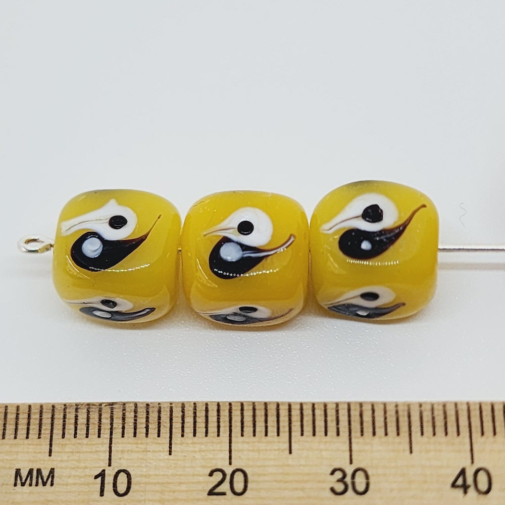 Yin Yang Cube Bead (10) - Yellow Opaque - Vintage Handmade Glass Lampwork Beads