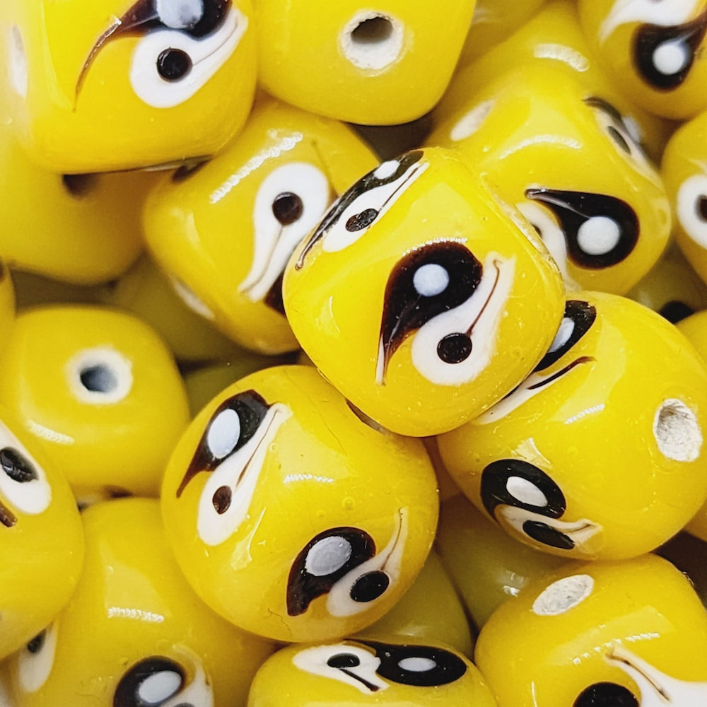Yin Yang Cube Bead (10) - Yellow Opaque - Vintage Handmade Glass Lampwork Beads