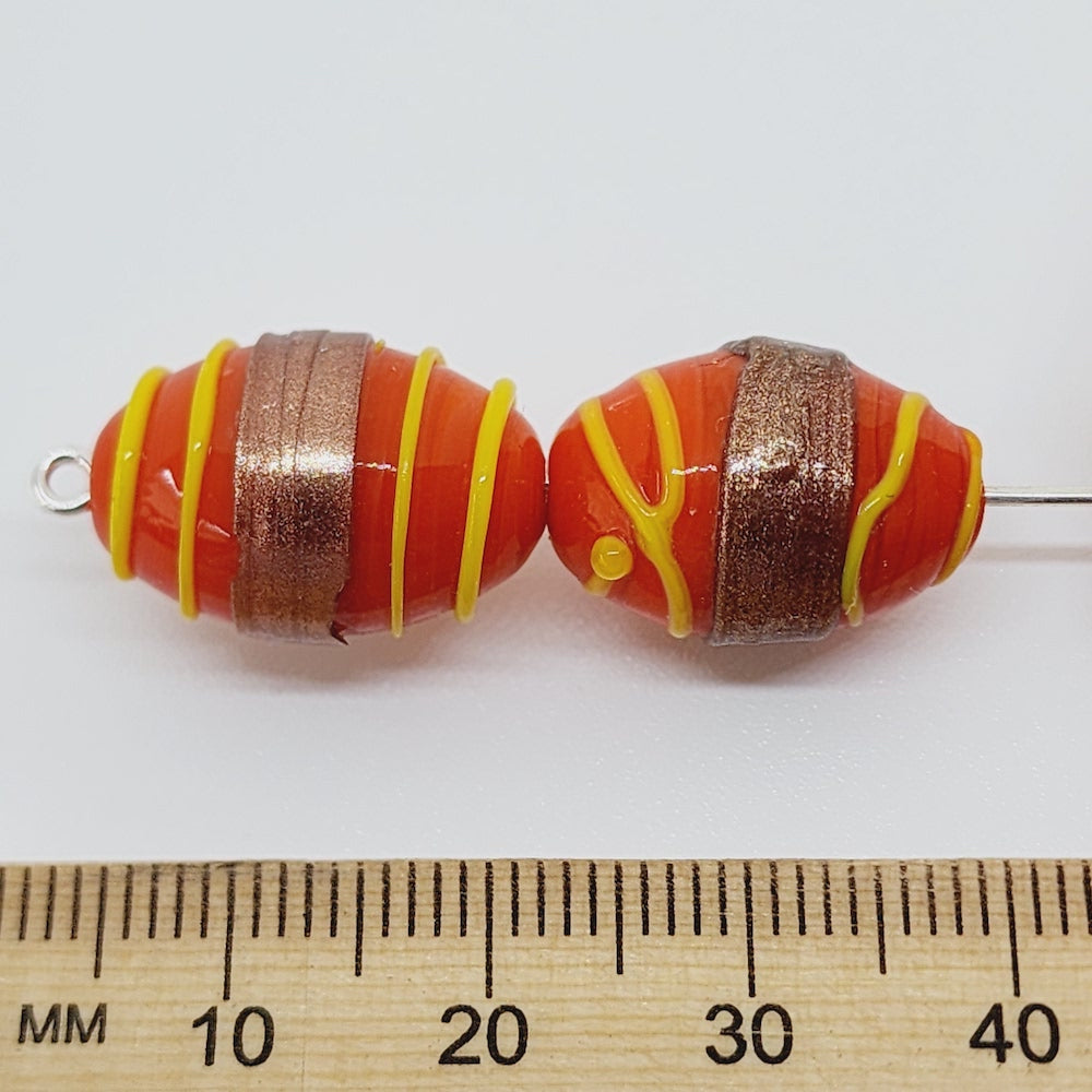 19x14mm Oval (10) - Red Opaque w. Aventurine & Yellow - Glass Vintage Replica Trade Lampwork Beads