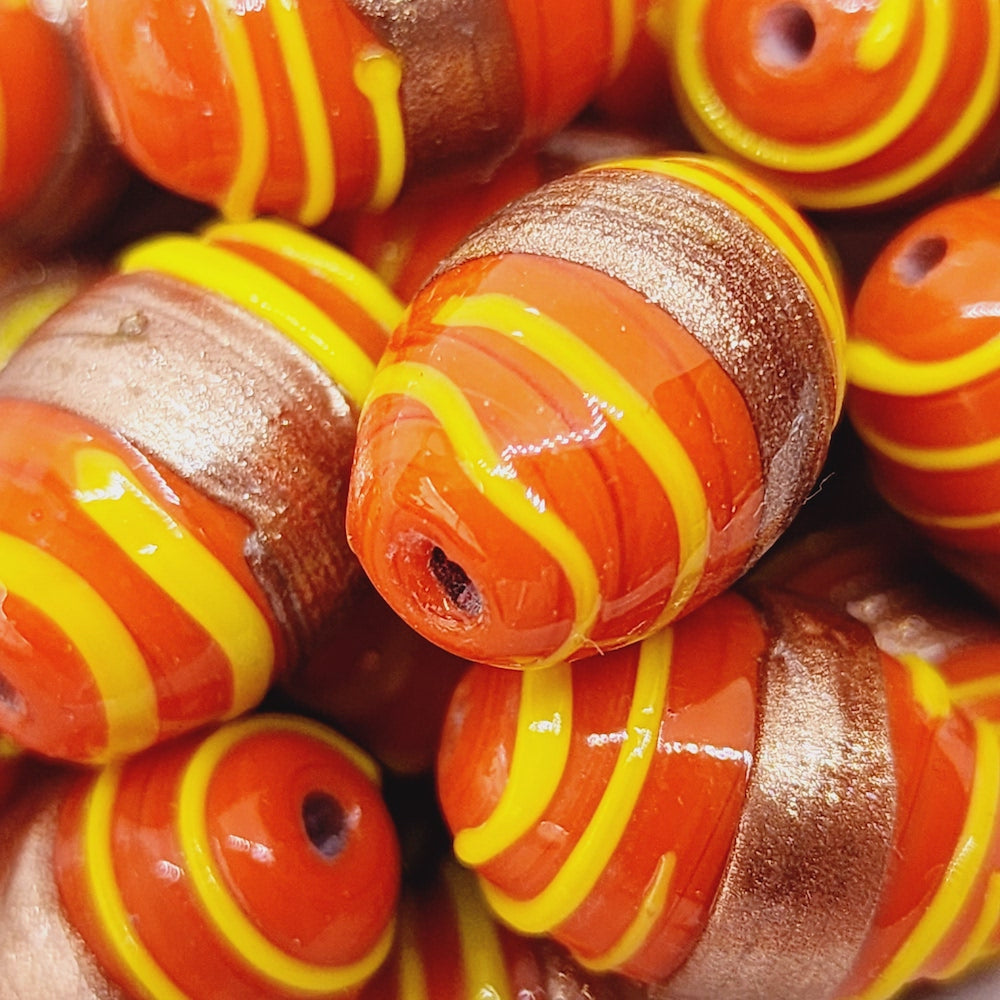 19x14mm Oval (10) - Red Opaque w. Aventurine & Yellow - Glass Vintage Replica Trade Lampwork Beads