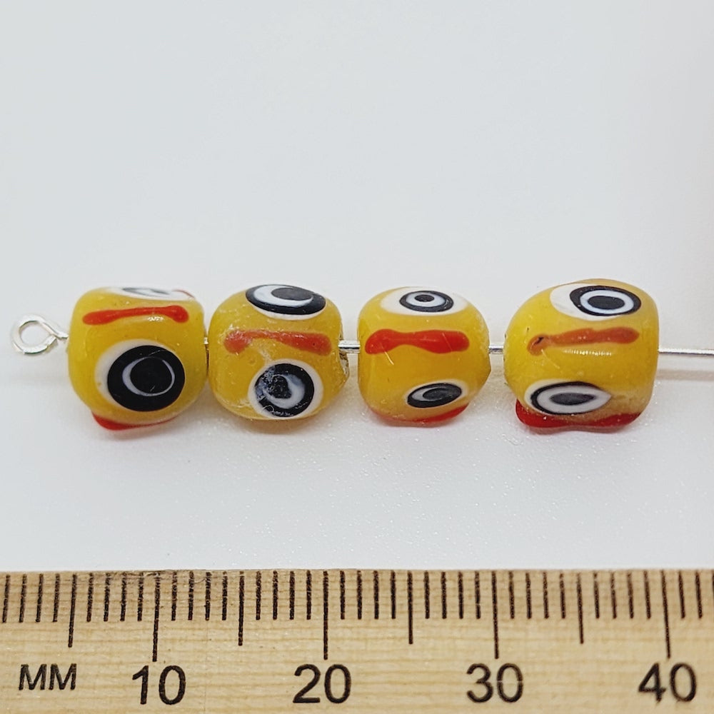 8mm Eye Face Bead (10) - Yellow Opaque - Vintage Handmade Glass Lampwork Beads