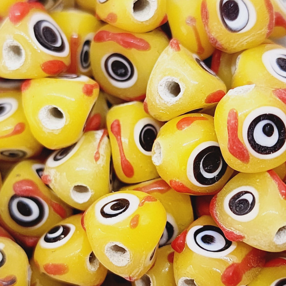 8mm Eye Face Bead (10) - Yellow Opaque - Vintage Handmade Glass Lampwork Beads
