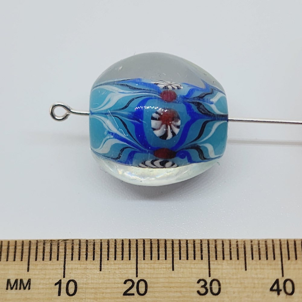 Floral Bead (10) - Blue - Vintage Handmade Glass Lampwork Beads