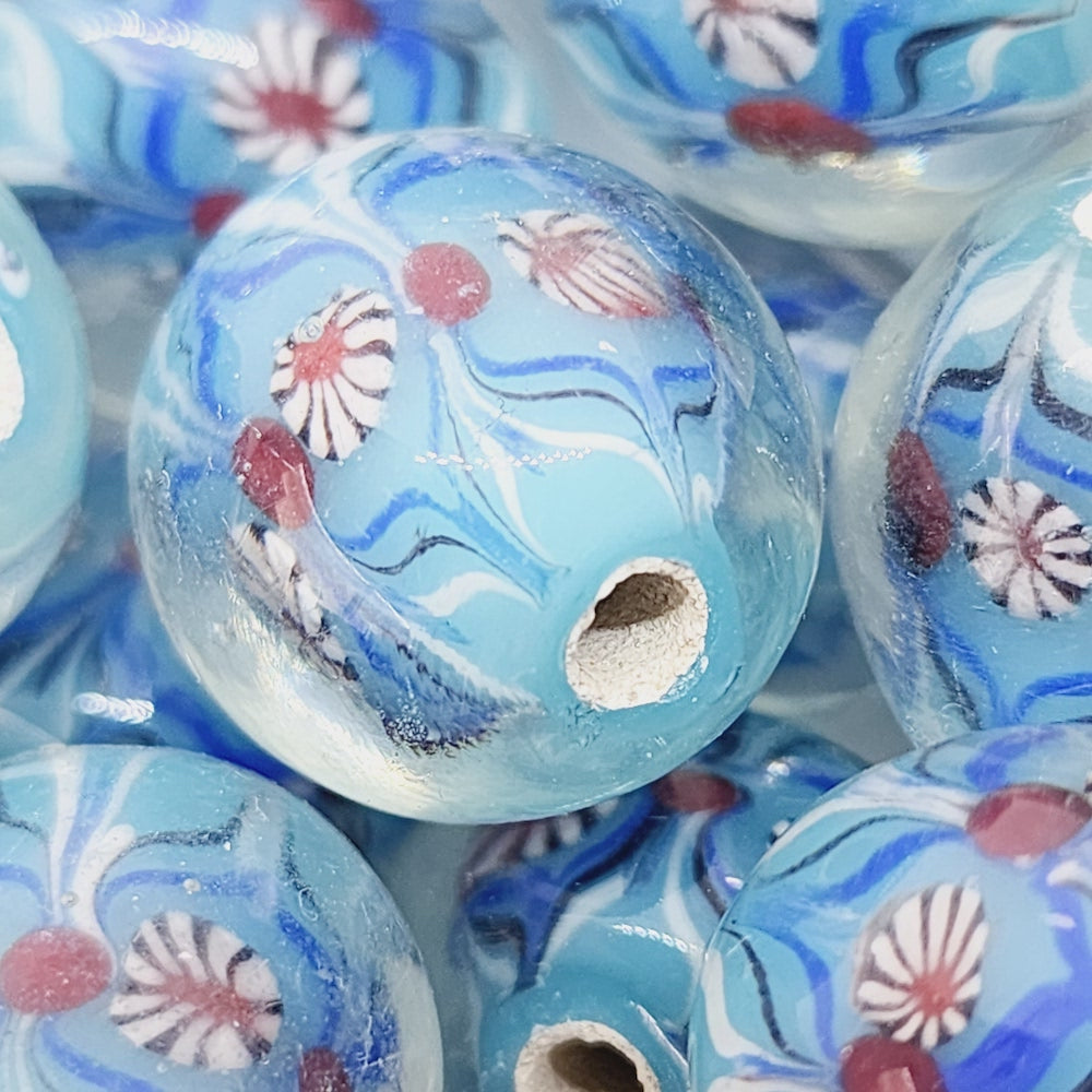 Floral Bead (10) - Blue - Vintage Handmade Glass Lampwork Beads