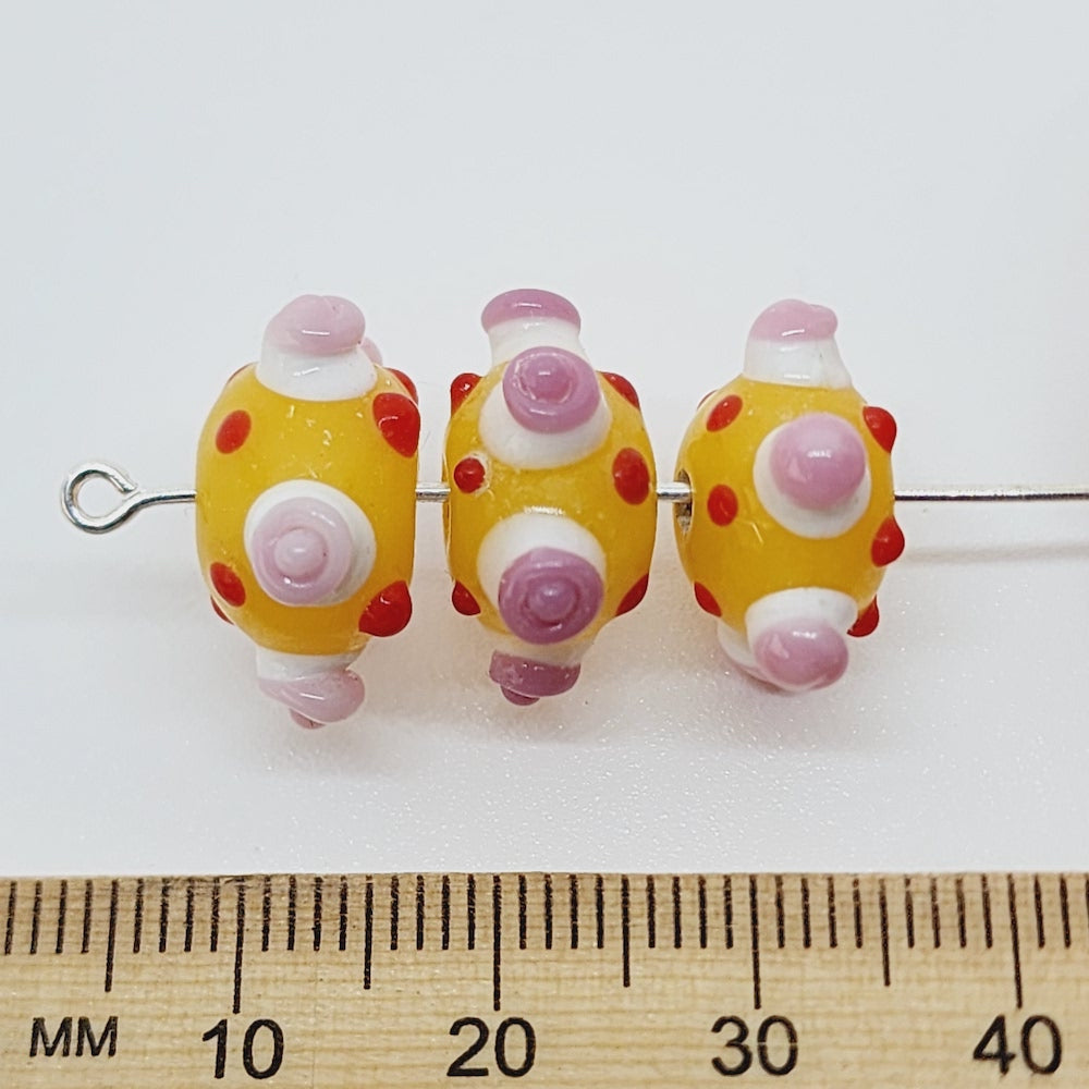 Spike Bead (5) - Yellow Opaque w. Red White & Pink - Vintage Handmade Glass Lampwork Beads - Bead Shack
