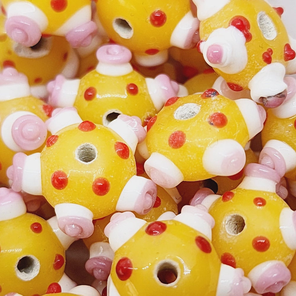 Spike Bead (5) - Yellow Opaque w. Red White & Pink - Vintage Handmade Glass Lampwork Beads - Bead Shack
