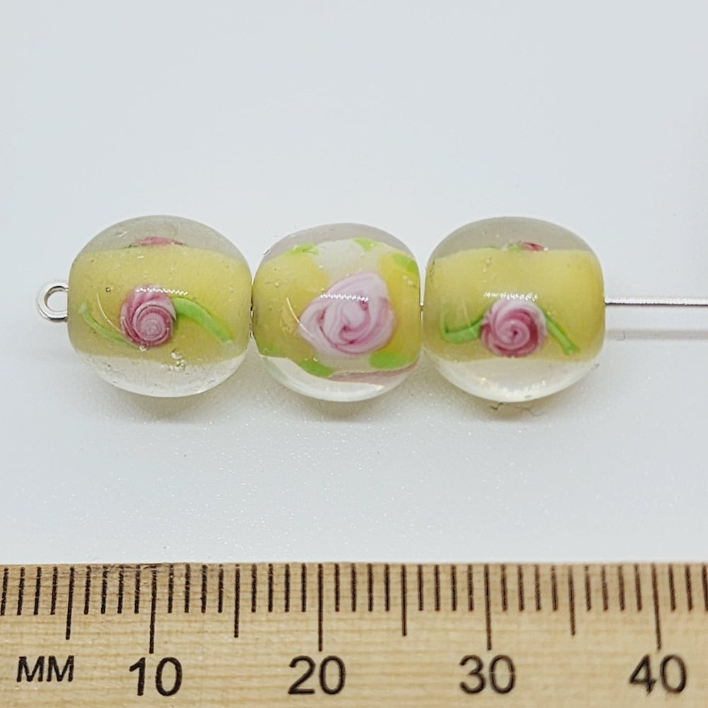 Floral Bead (10) - Yellow - Vintage Handmade Glass Lampwork Beads