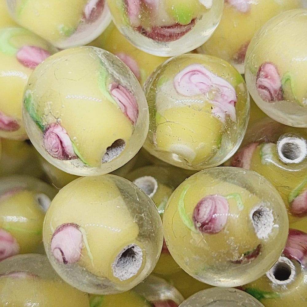 Floral Bead (10) - Yellow - Vintage Handmade Glass Lampwork Beads
