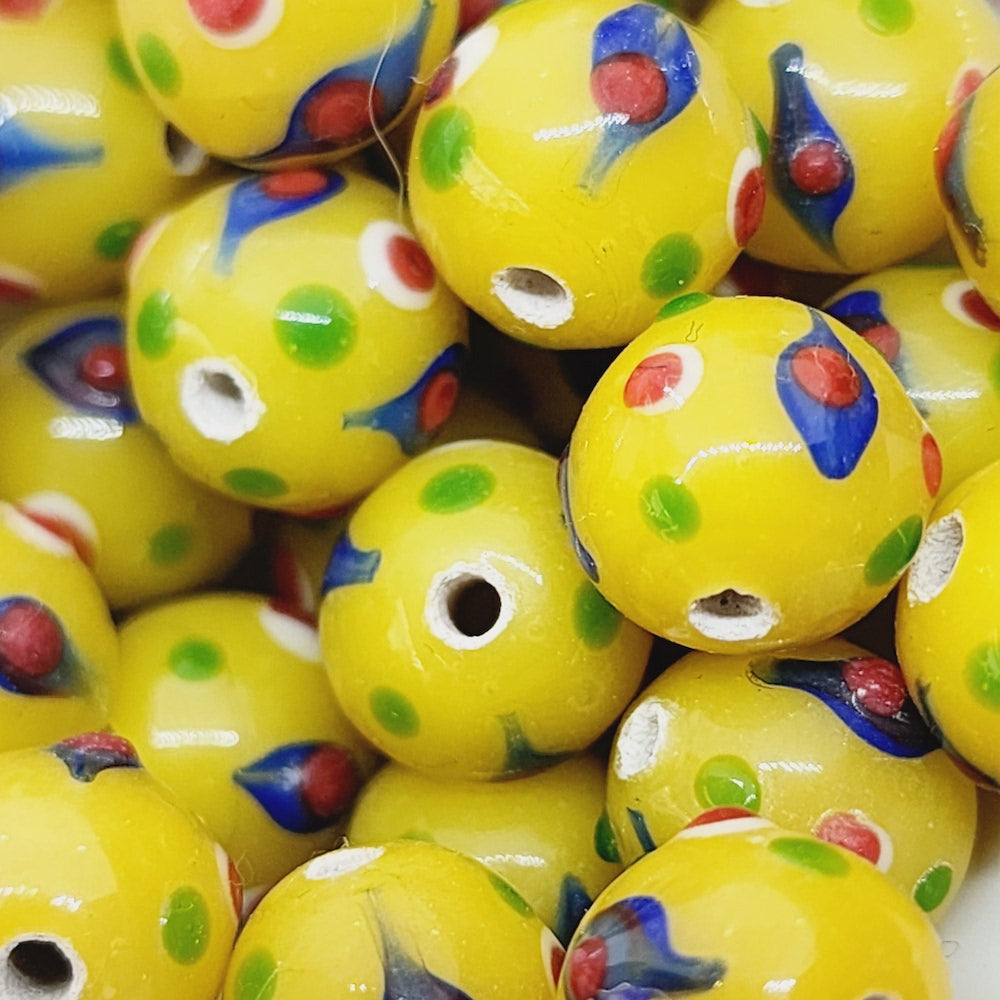10mm Eye Bead (5) - Yellow Opaque - Vintage Handmade Glass Lampwork Beads