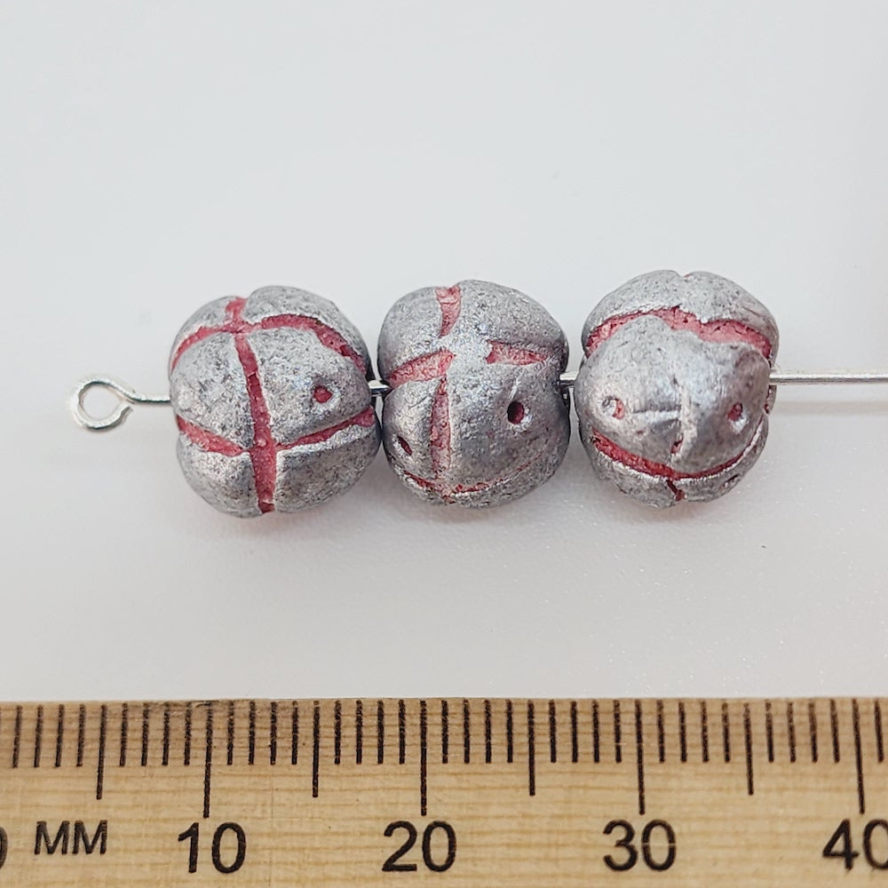 13mm Round Beads (10) - Silver w. Cross & Dots - Vintage Clay Beads