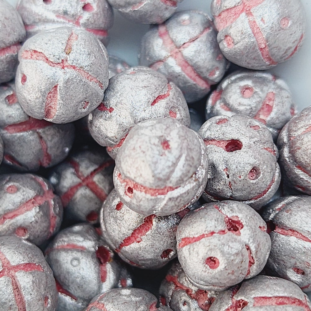 13mm Round Beads (10) - Silver w. Cross & Dots - Vintage Clay Beads