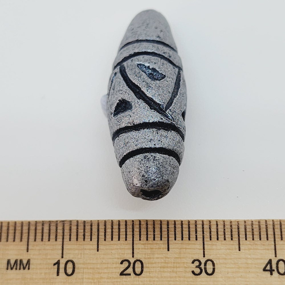 28x12mm Bicone w. Lines & Triangles (10) - Antique Silver - Vintage Clay Beads