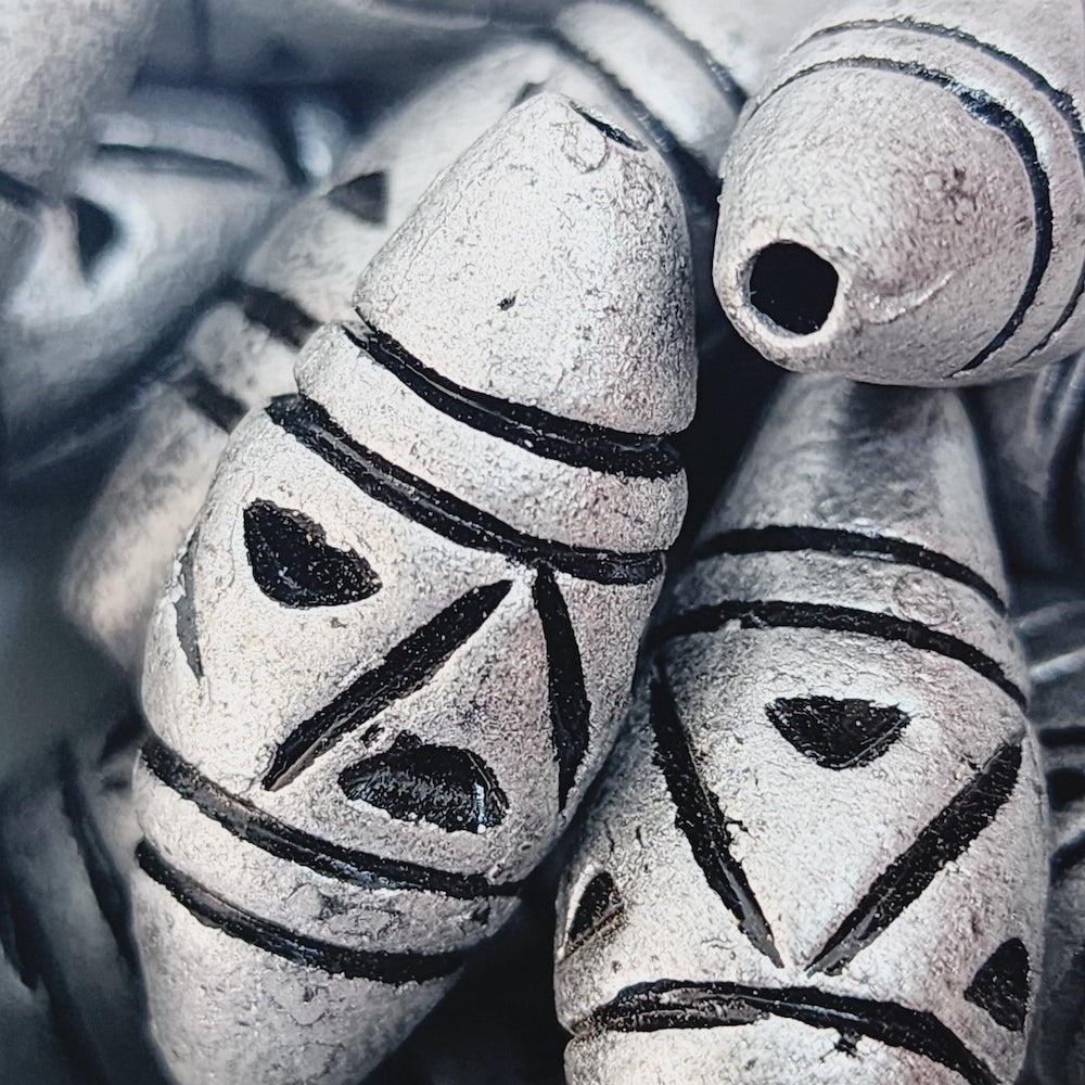 28x12mm Bicone w. Lines & Triangles (10) - Antique Silver - Vintage Clay Beads