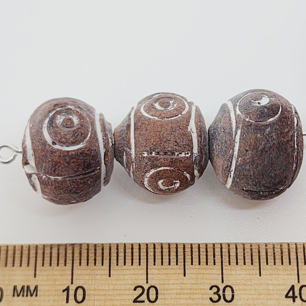 12~15mm Round Beads (10) - Brown w. Spirals - Vintage Clay Beads