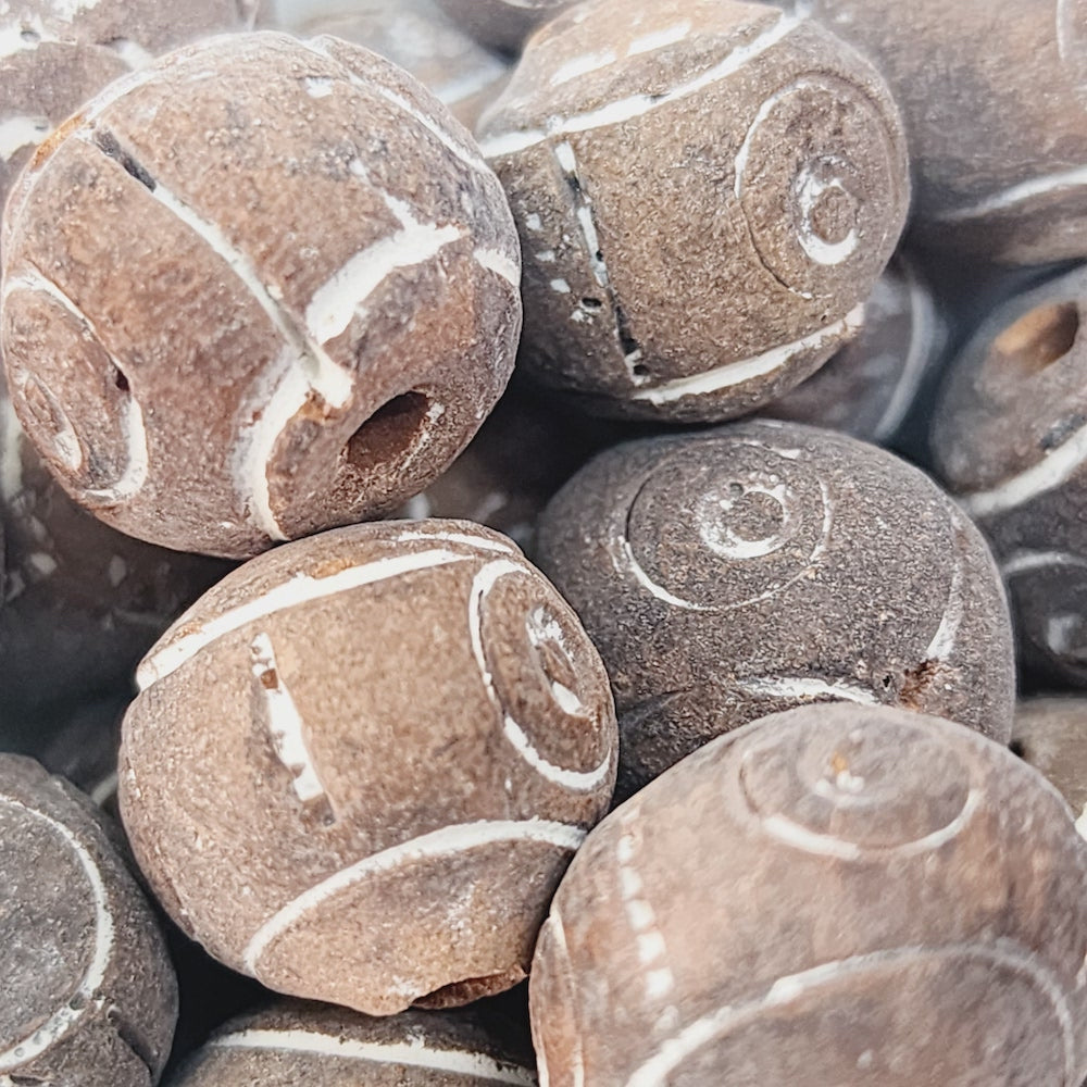 12~15mm Round Beads (10) - Brown w. Spirals - Vintage Clay Beads