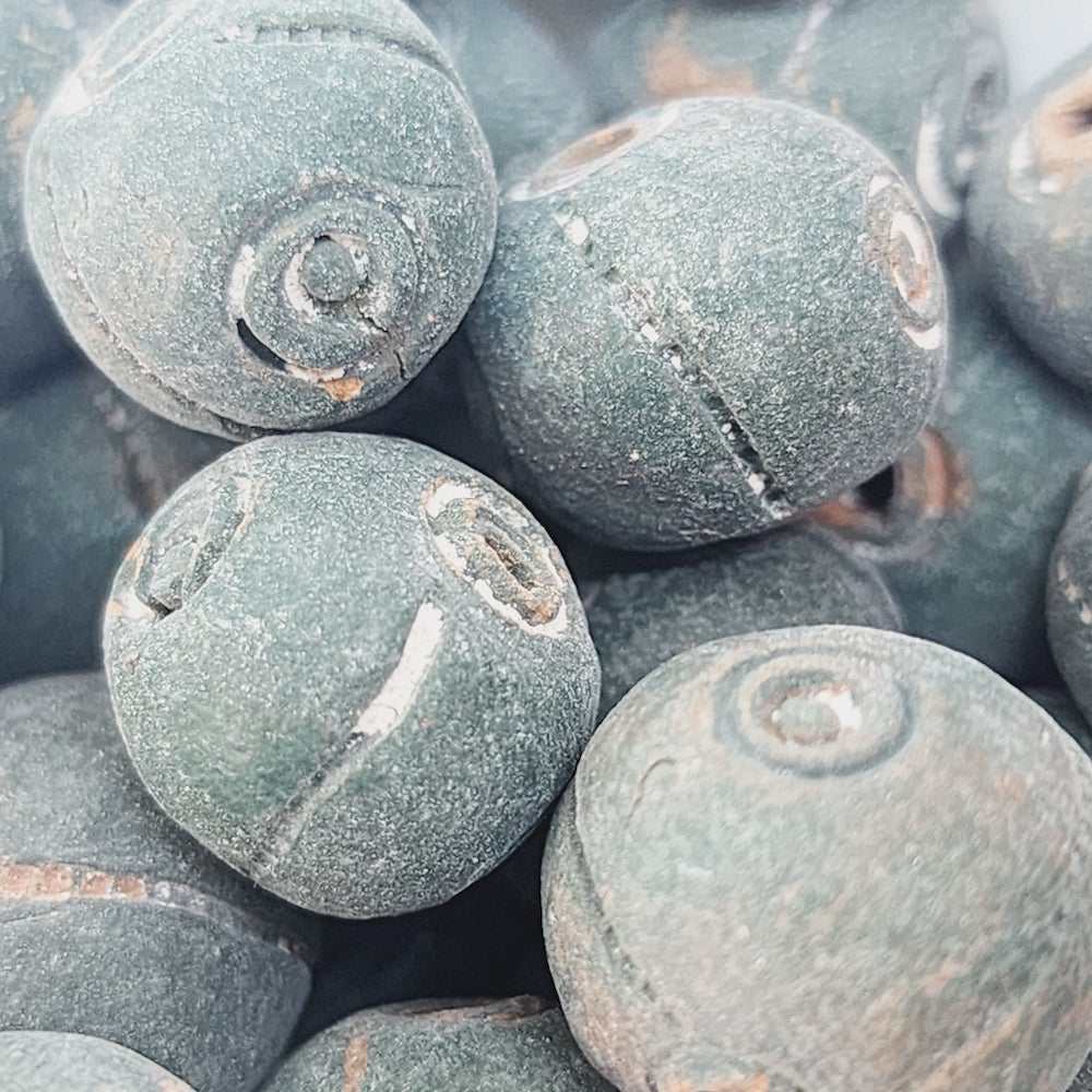 12~15mm Round Beads (10) - Green w. Spirals - Vintage Clay Beads