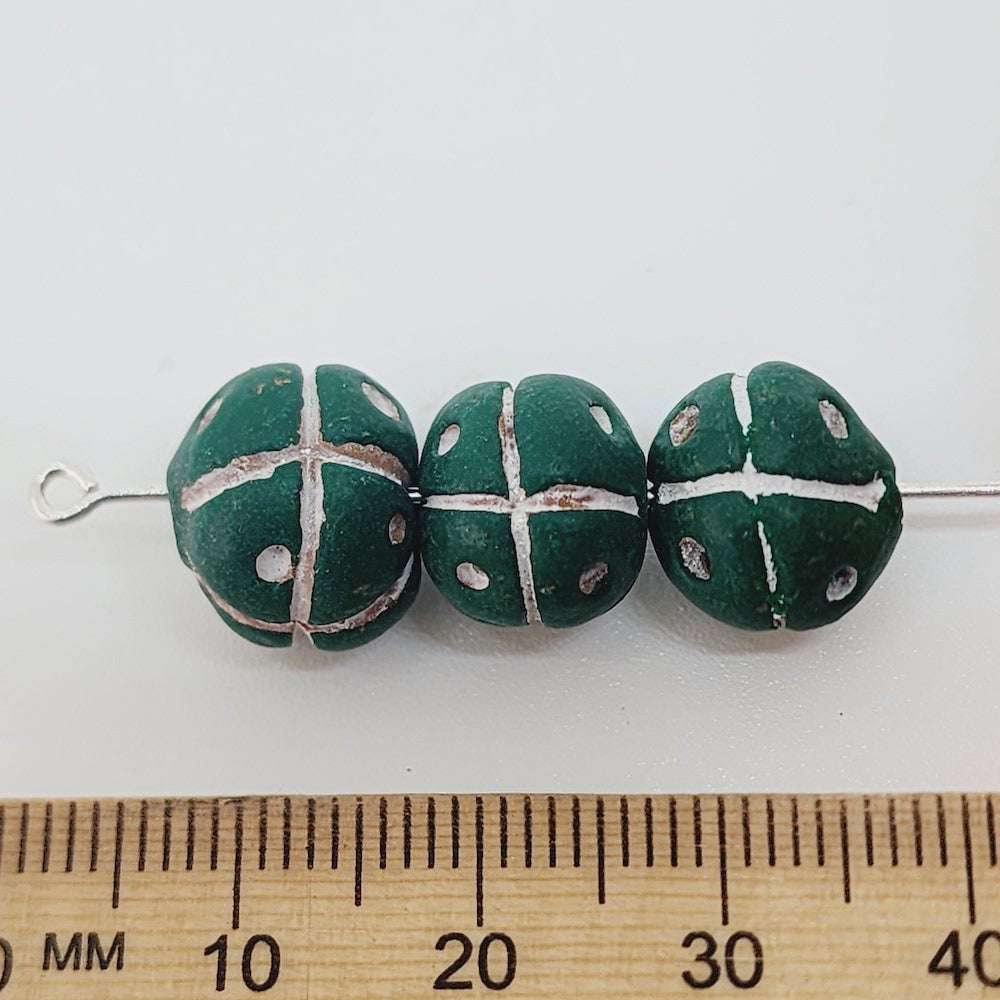 13mm Round Beads (10) - Green w. Cross & Dots - Vintage Clay Beads