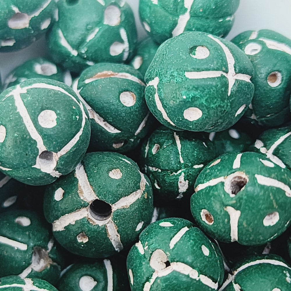 13mm Round Beads (10) - Green w. Cross & Dots - Vintage Clay Beads
