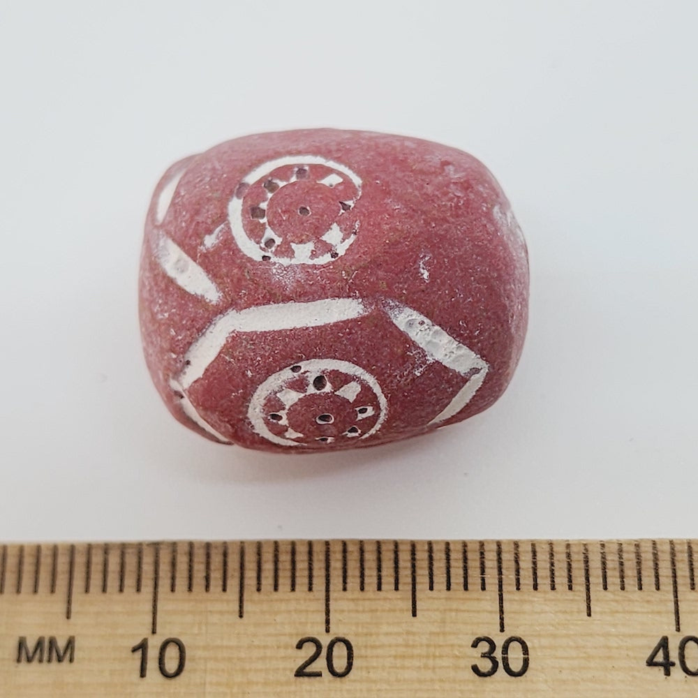 28x13mm Barrel (10) - Red Terracotta w. White - Vintage Clay Beads
