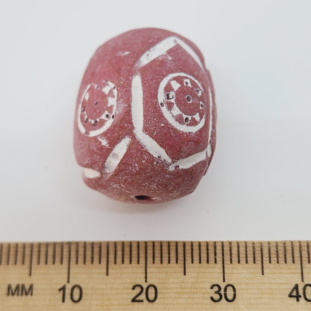 28x13mm Barrel (10) - Red Terracotta w. White - Vintage Clay Beads